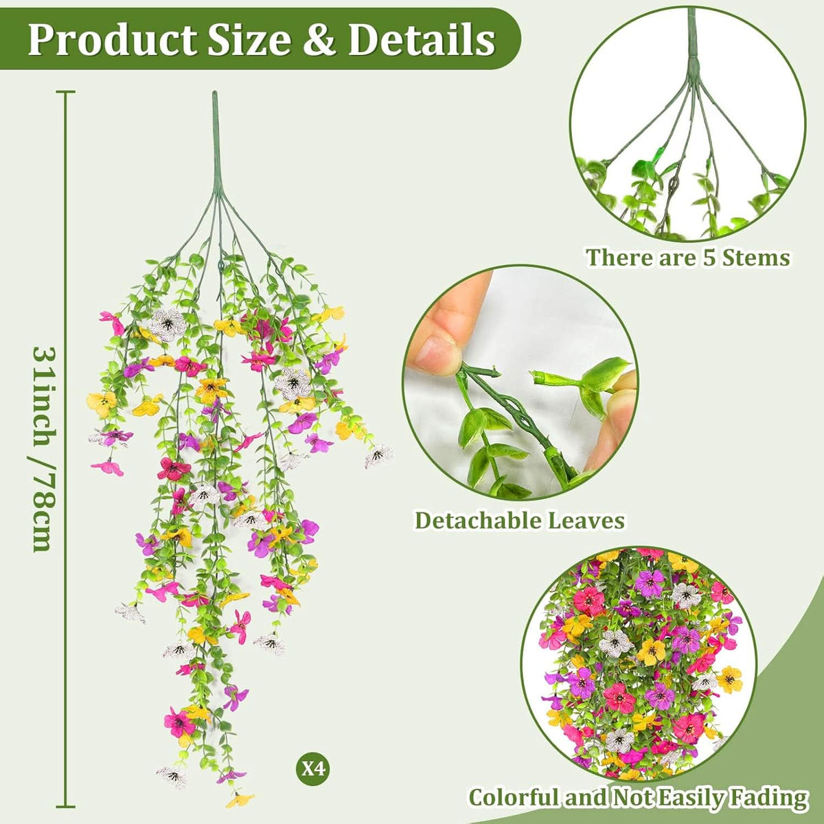 Set of 4 Artificial Hanging Flower Plants