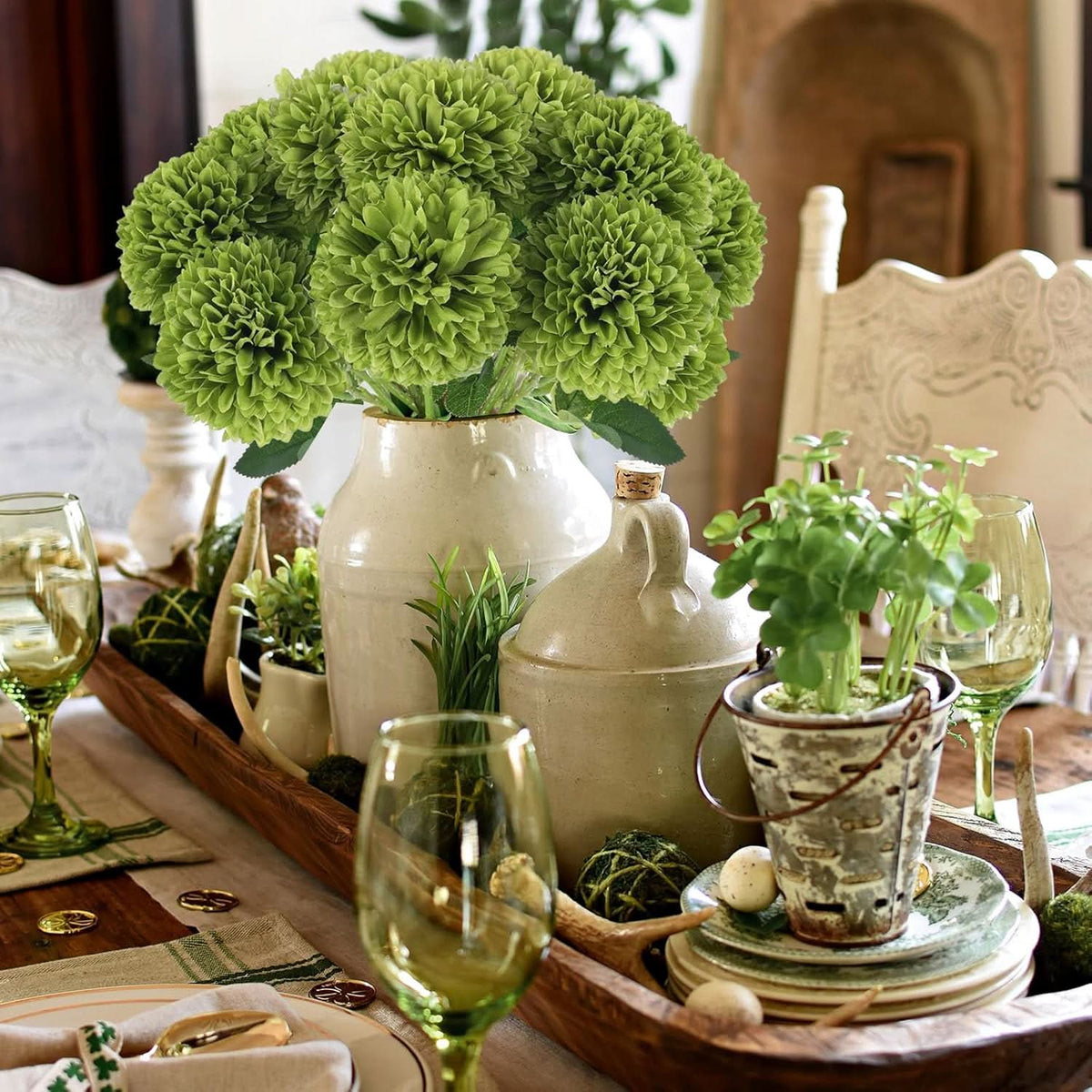 Green Artificial Chrysanthemums – 12 Stems