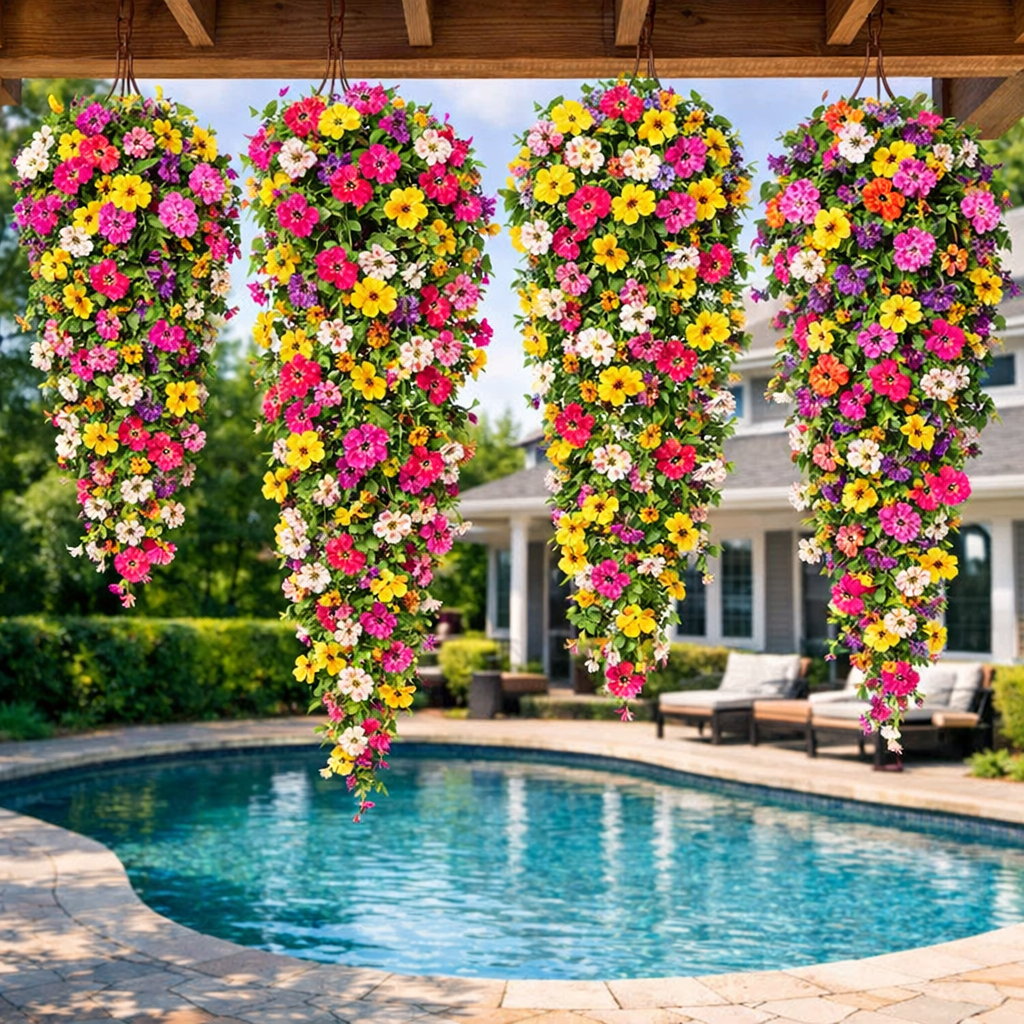 Set of 4 Artificial Hanging Flower Plants